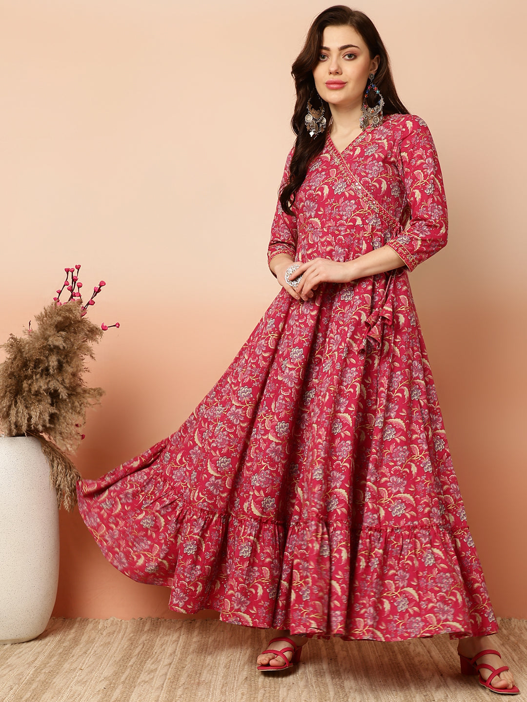 Ankle Length Flared 3/4 Sleeves V Kurta