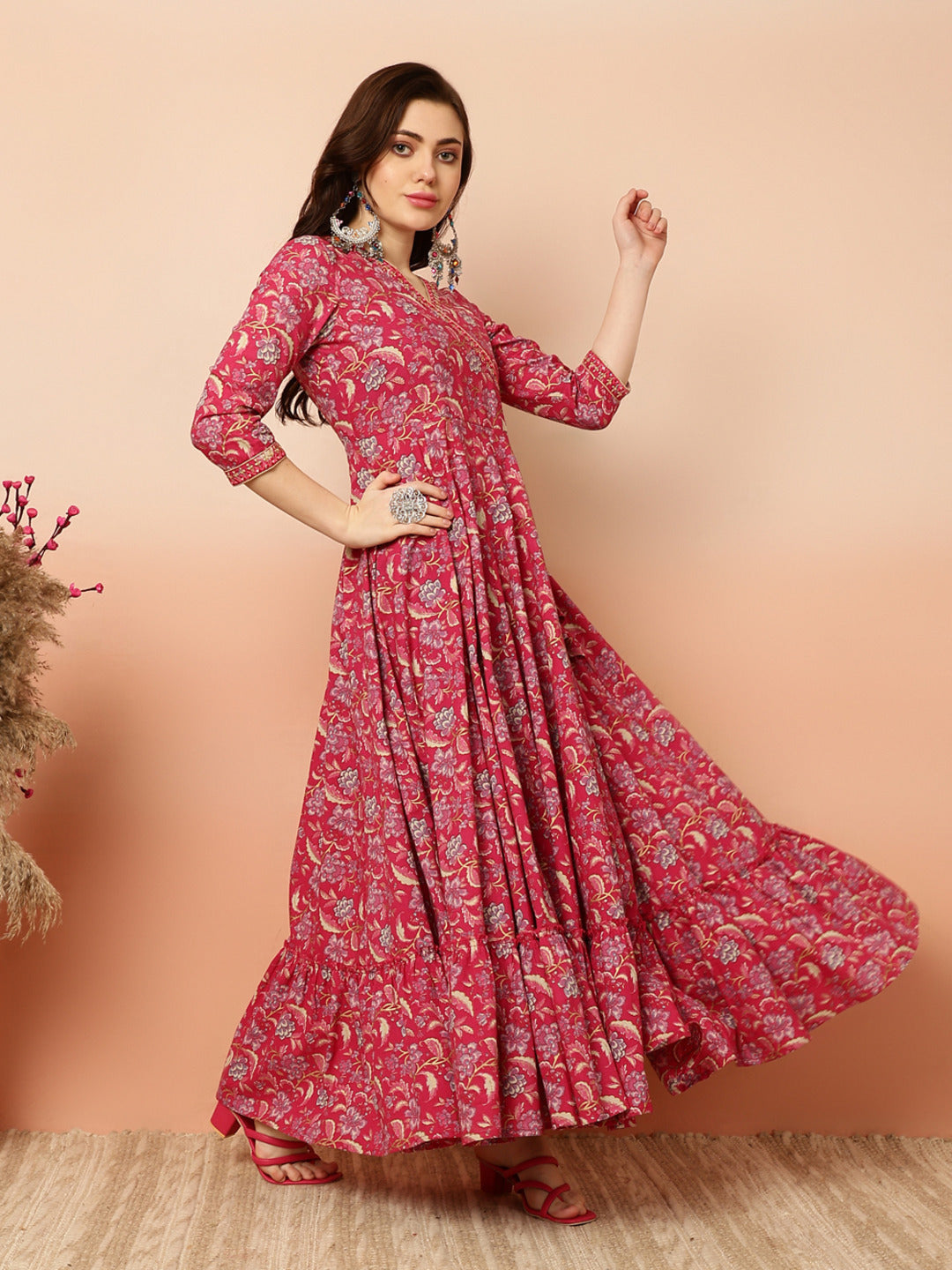 Ankle Length Flared 3/4 Sleeves V Kurta (Preorder)