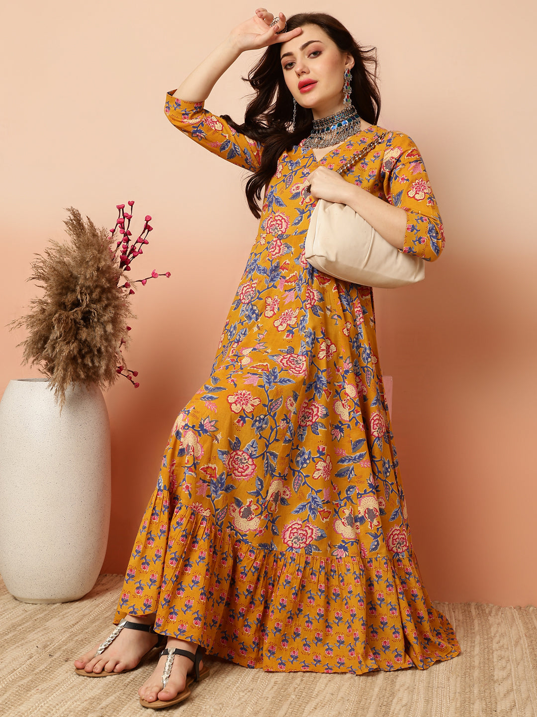 Ankle Length Flared 3/4 Sleeves V Kurta