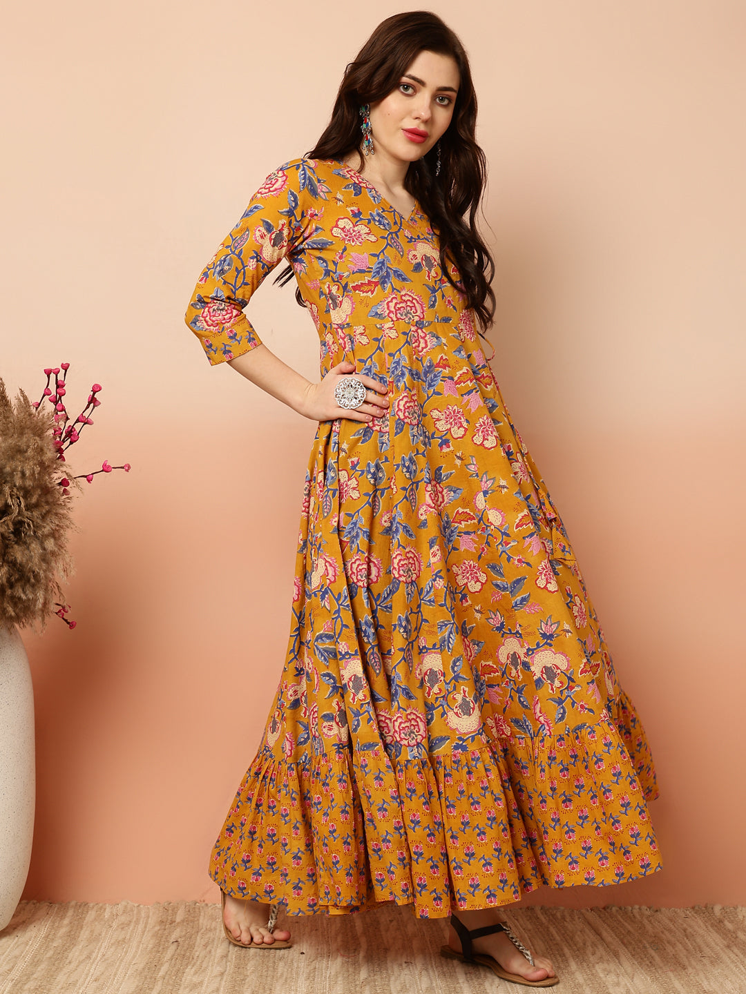 Ankle Length Flared 3/4 Sleeves V Kurta