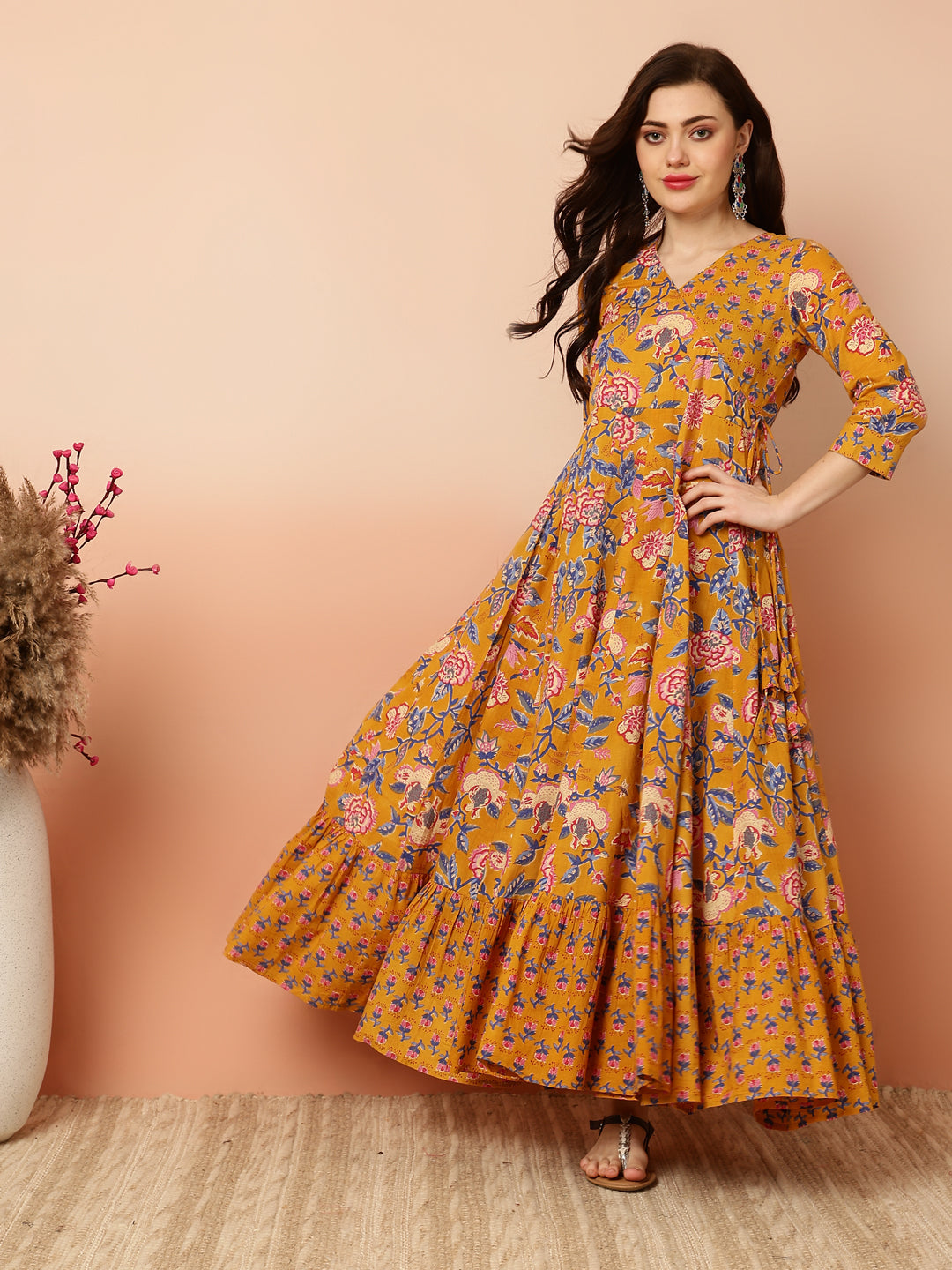 Ankle Length Flared 3/4 Sleeves V Kurta