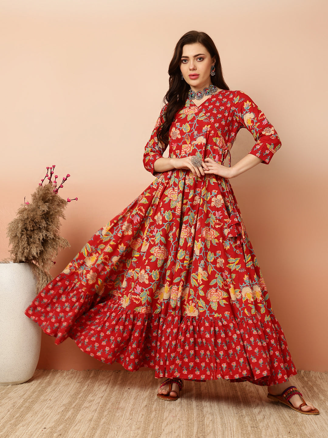 Ankle Length Flared 3/4 Sleeves V Kurta (Preorder)
