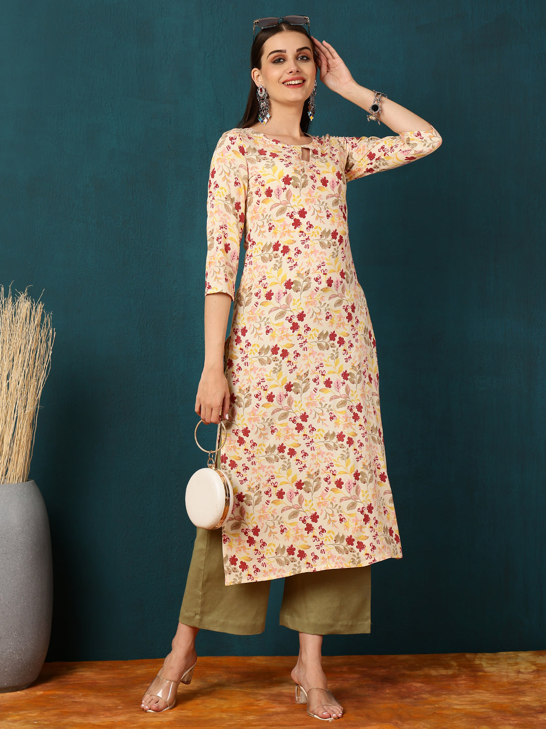 Rayon Calf Length Printed Straight 3/4 Sleeves Round Neck Kurta (Preorder)