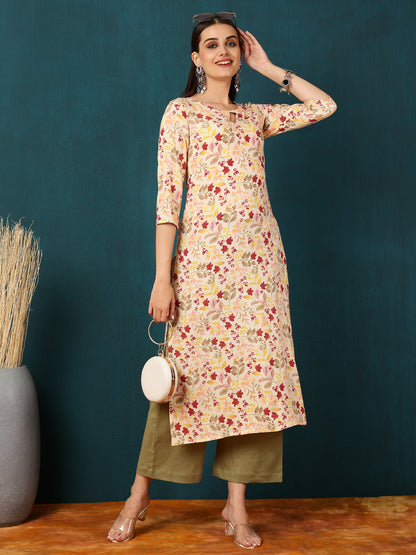 Rayon Calf Length Printed Straight 3/4 Sleeves Round Neck Kurta (Preorder)