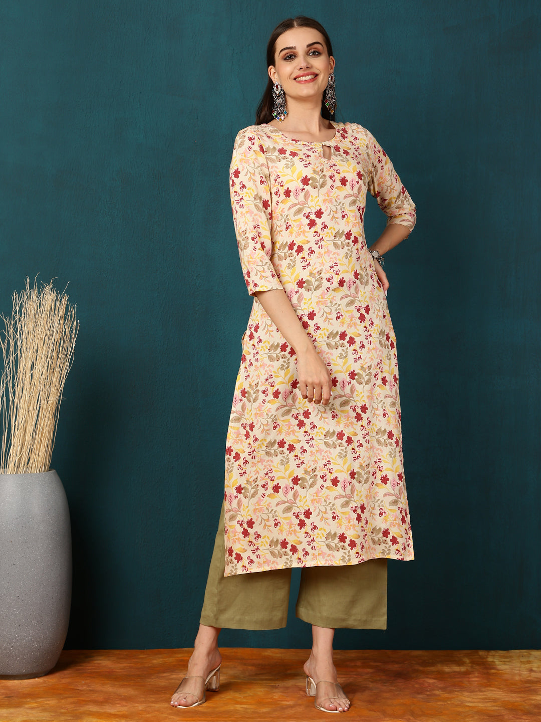 Rayon Calf Length Printed Straight 3/4 Sleeves Round Neck Kurta (Preorder)