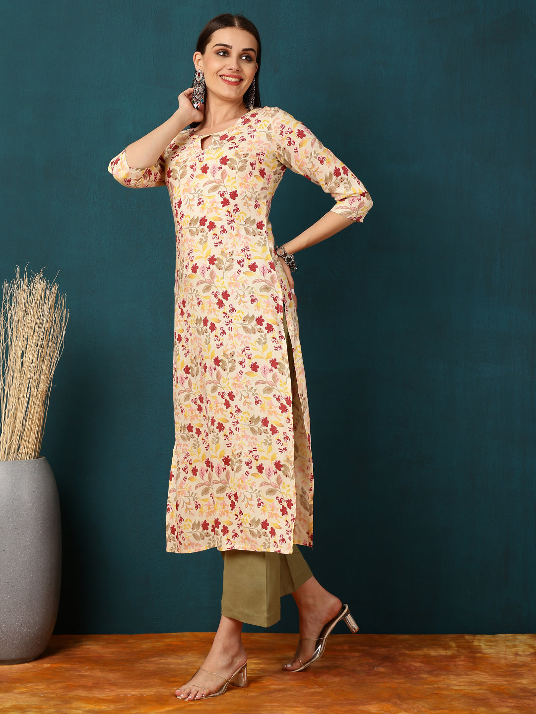Rayon Calf Length Printed Straight 3/4 Sleeves Round Neck Kurta (Preorder)