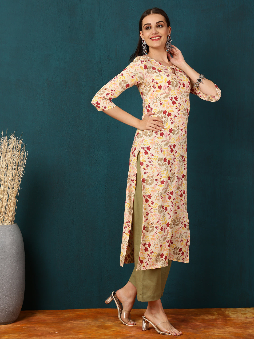 Rayon Calf Length Printed Straight 3/4 Sleeves Round Neck Kurta (Preorder)