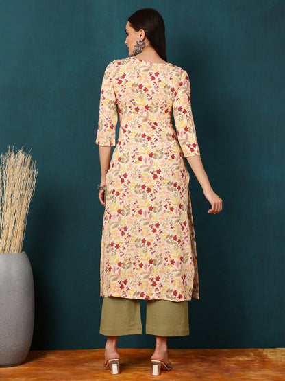 Rayon Calf Length Printed Straight 3/4 Sleeves Round Neck Kurta