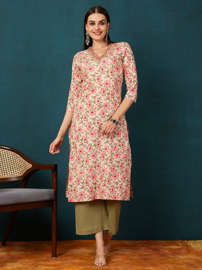 Rayon Calf Length Printed Straight 3/4 Sleeves V-Neck Kurta (Preorder)