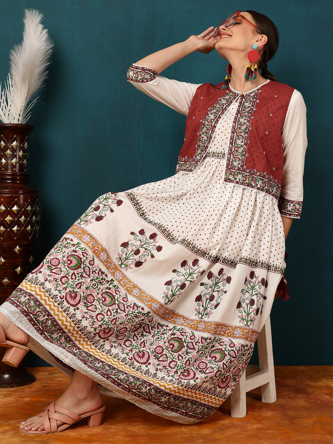 Cotton Calf Length Printed Flared 3/4 Sleeves Round Neck Kurta Jacket Set