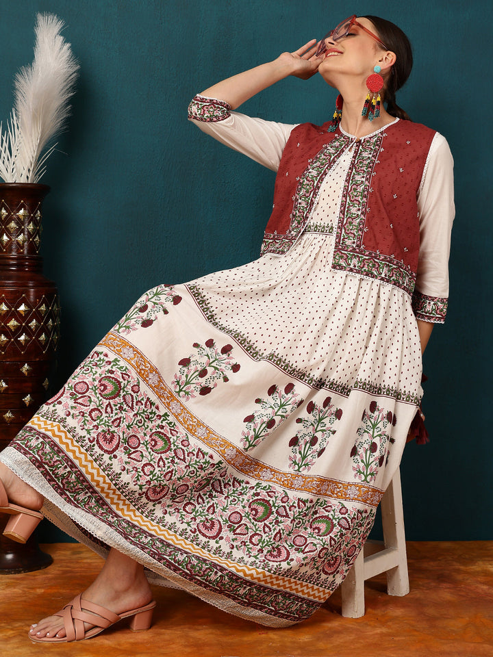 Cotton Calf Length Printed Flared 3/4 Sleeves Round Neck Kurta Jacket Set