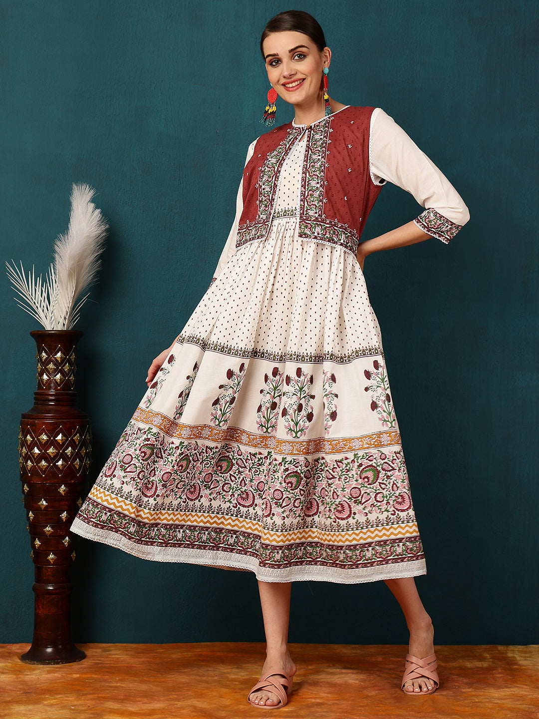 Cotton Calf Length Printed Flared 3/4 Sleeves Round Neck Kurta Jacket Set