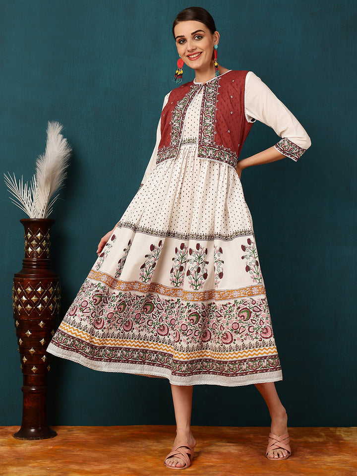 Cotton Calf Length Printed Flared 3/4 Sleeves Round Neck Kurta Jacket Set