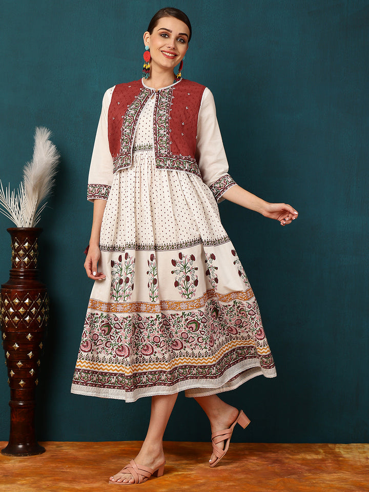 Cotton Calf Length Printed Flared 3/4 Sleeves Round Neck Kurta Jacket Set