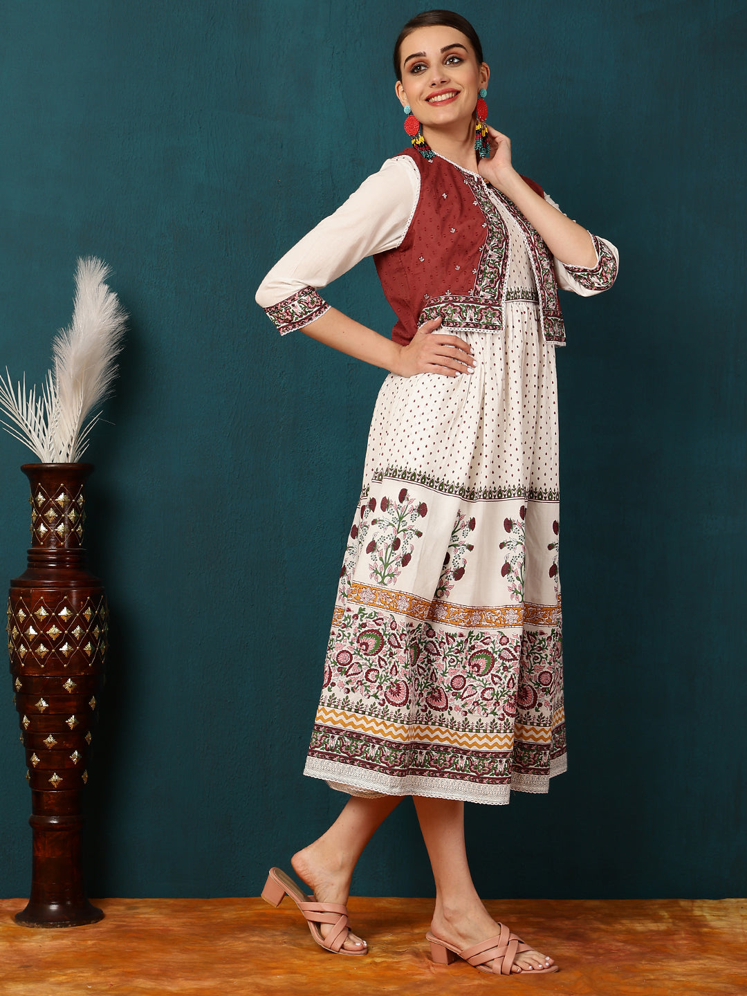 Cotton Calf Length Printed Flared 3/4 Sleeves Round Neck Kurta Jacket Set