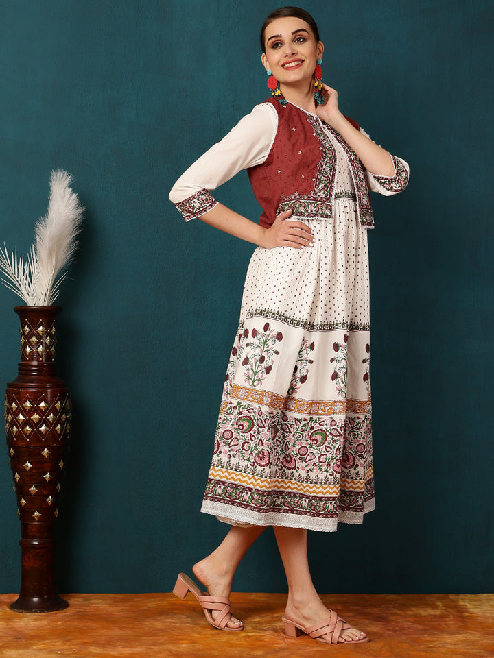 Cotton Calf Length Printed Flared 3/4 Sleeves Round Neck Kurta Jacket Set