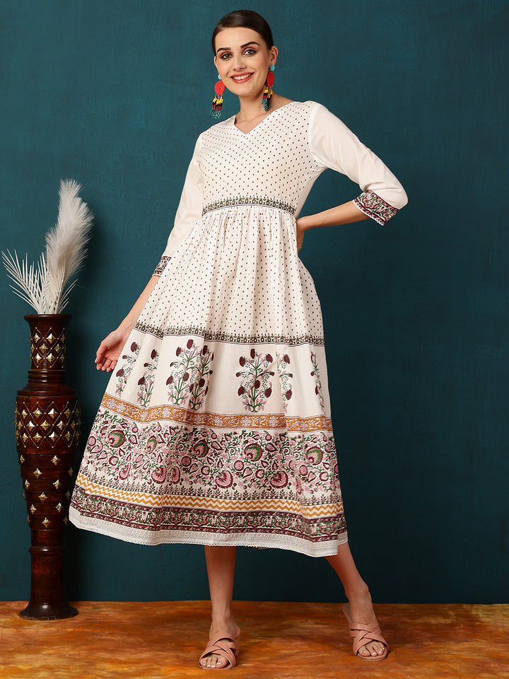 Cotton Calf Length Printed Flared 3/4 Sleeves Round Neck Kurta Jacket Set