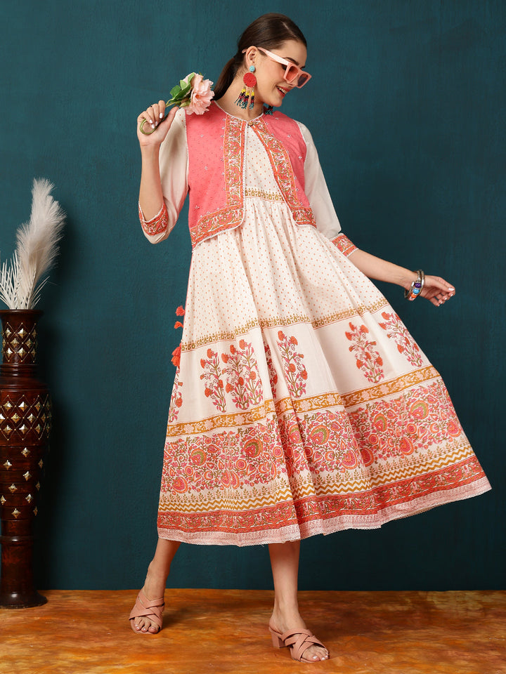 Cotton Calf Length Printed Flared 3/4 Sleeves Round Neck Kurta Jacket Set