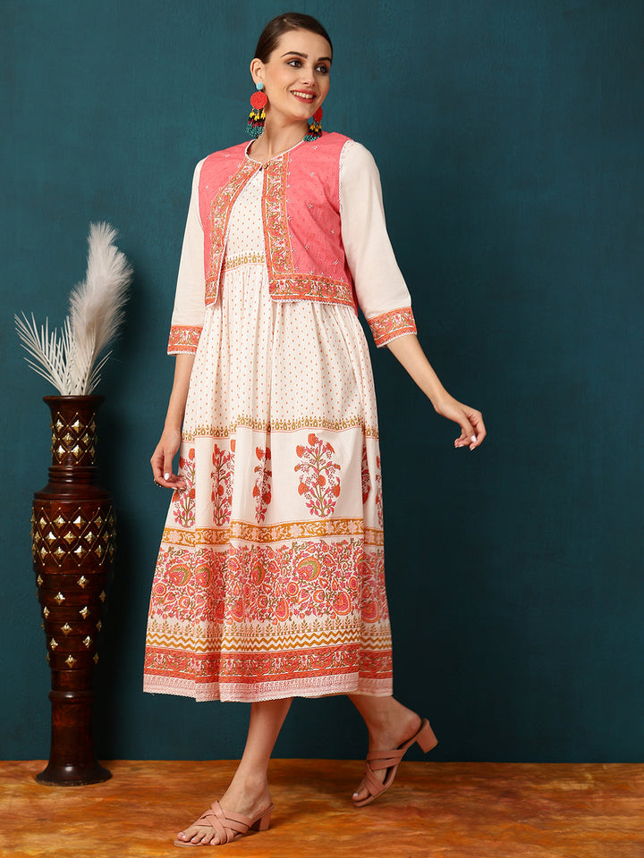 Cotton Calf Length Printed Flared 3/4 Sleeves Round Neck Kurta Jacket Set