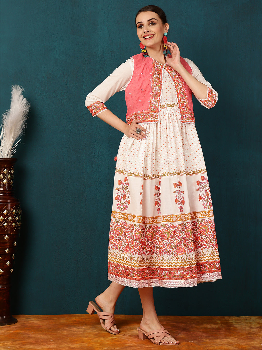 Cotton Calf Length Printed Flared 3/4 Sleeves Round Neck Kurta Jacket Set