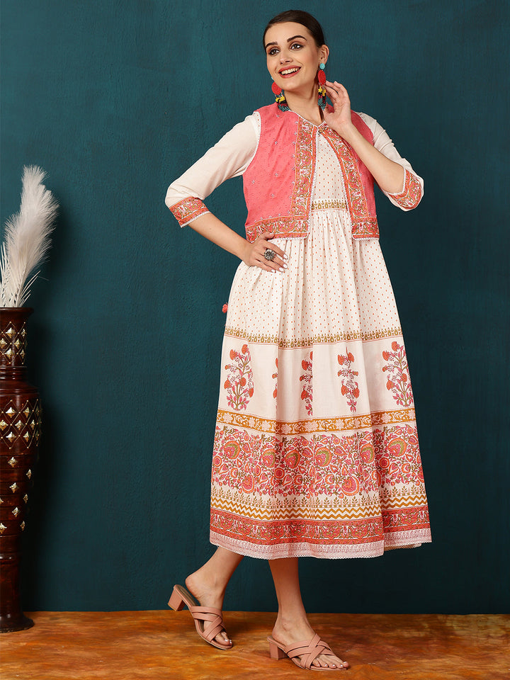 Cotton Calf Length Printed Flared 3/4 Sleeves Round Neck Kurta Jacket Set