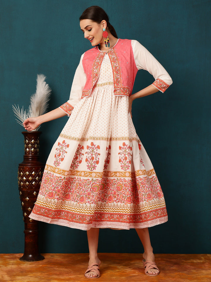 Cotton Calf Length Printed Flared 3/4 Sleeves Round Neck Kurta Jacket Set