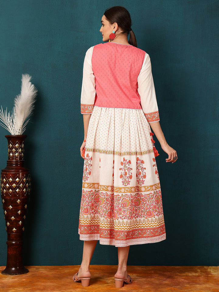 Cotton Calf Length Printed Flared 3/4 Sleeves Round Neck Kurta Jacket Set