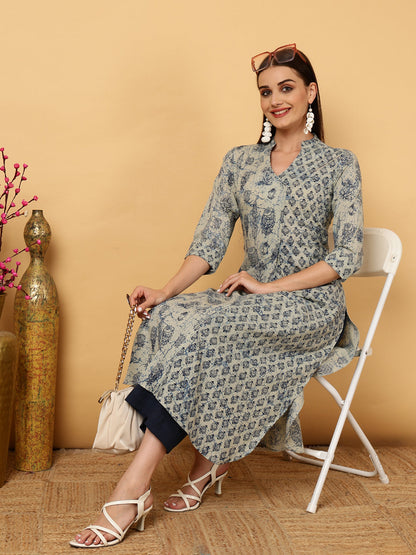 Rayon Calf Length Printed Straight 3/4 Sleeves V-Neck Kurta