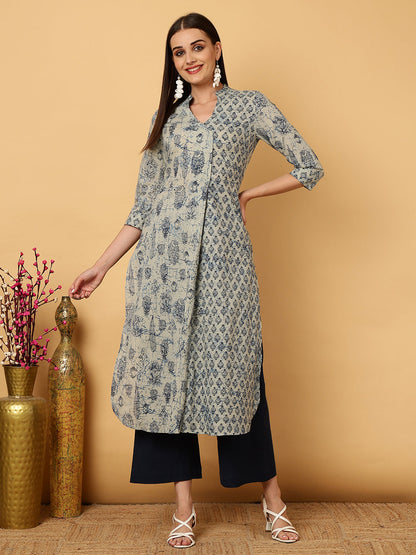 Rayon Calf Length Printed Straight 3/4 Sleeves V-Neck Kurta