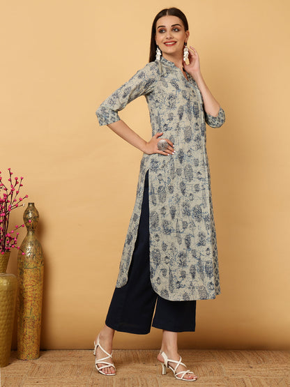 Rayon Calf Length Printed Straight 3/4 Sleeves V-Neck Kurta
