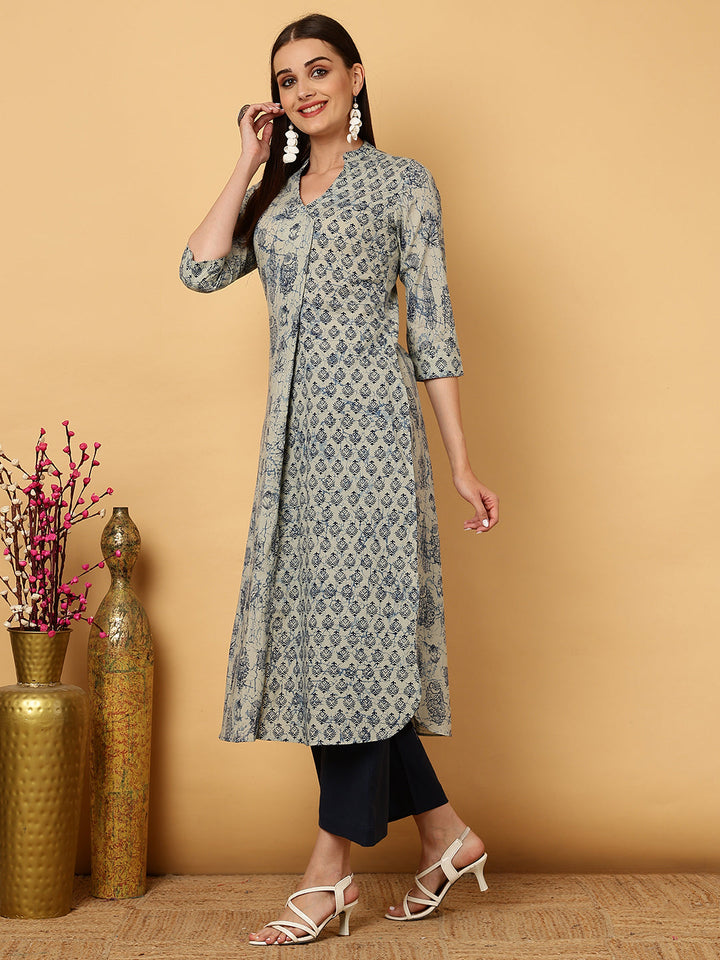 Rayon Calf Length Printed Straight 3/4 Sleeves V-Neck Kurta