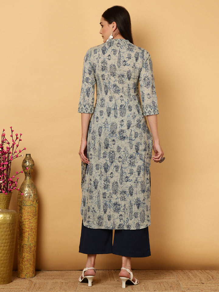 Rayon Calf Length Printed Straight 3/4 Sleeves V-Neck Kurta