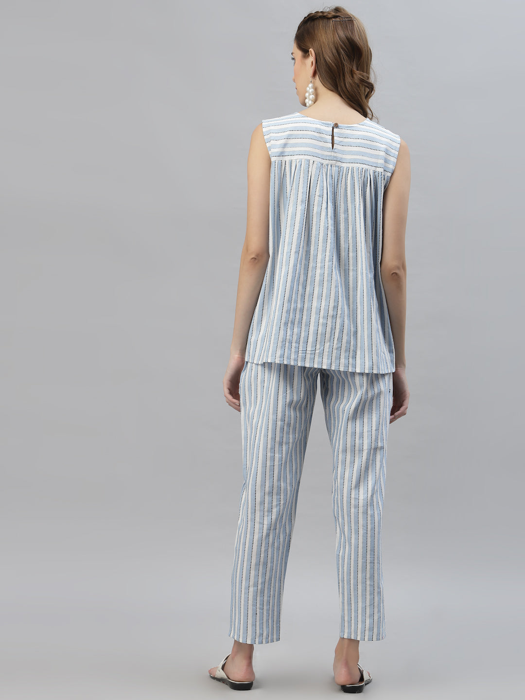 Self Woven Striped Cotton Blend Top and Pant Set (Pre-Order)