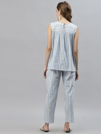 Self Woven Striped Cotton Blend Top and Pant Set (Pre-Order)