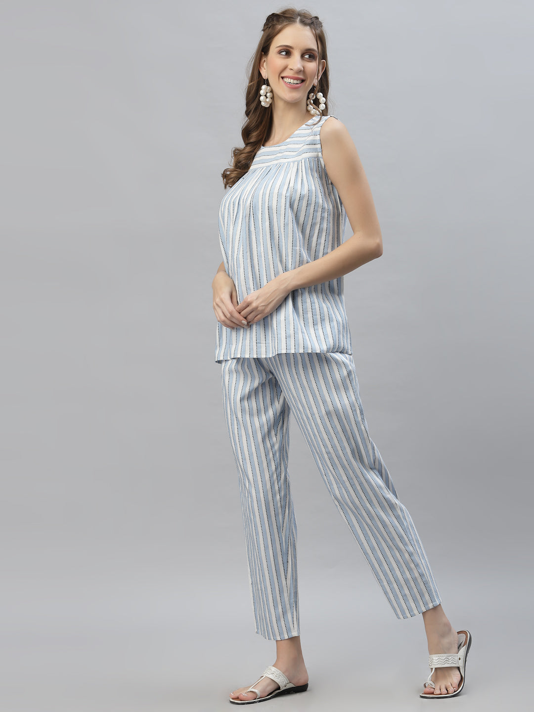 Self Woven Striped Cotton Blend Top and Pant Set (Pre-Order)