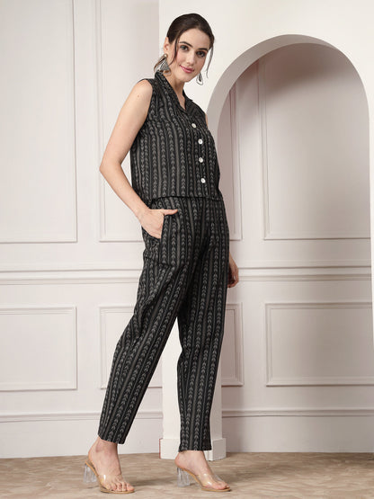 Black Kantha Woven Self Designed Cotton Blend Co-Ord Set (Pre-Order)