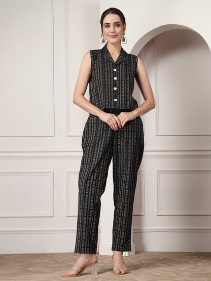 Black Kantha Woven Self Designed Cotton Blend Co-Ord Set (Pre-Order)