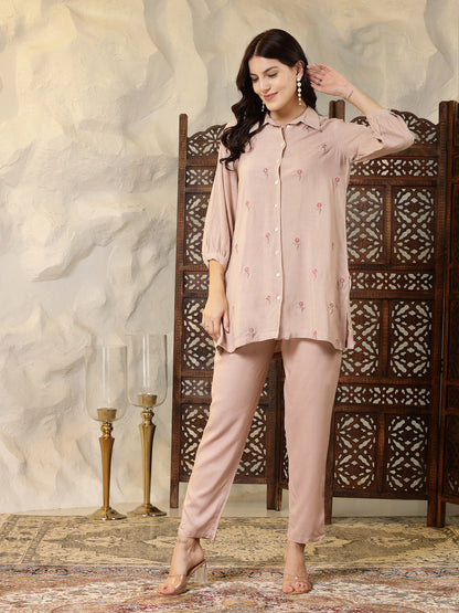 Beige Embroidered Rayon Shirt Style Co-Ord Set (Pre-Order)