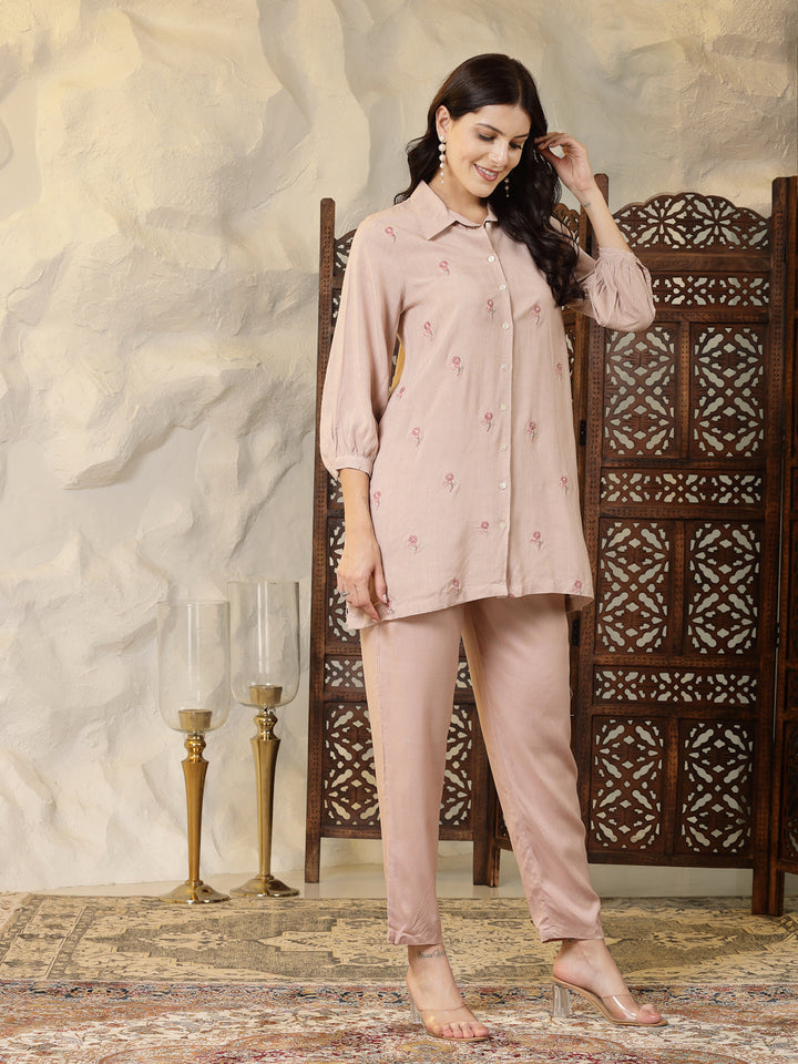 Beige Embroidered Rayon Shirt Style Co-Ord Set