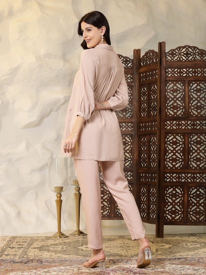 Beige Embroidered Rayon Shirt Style Co-Ord Set (Pre-Order)