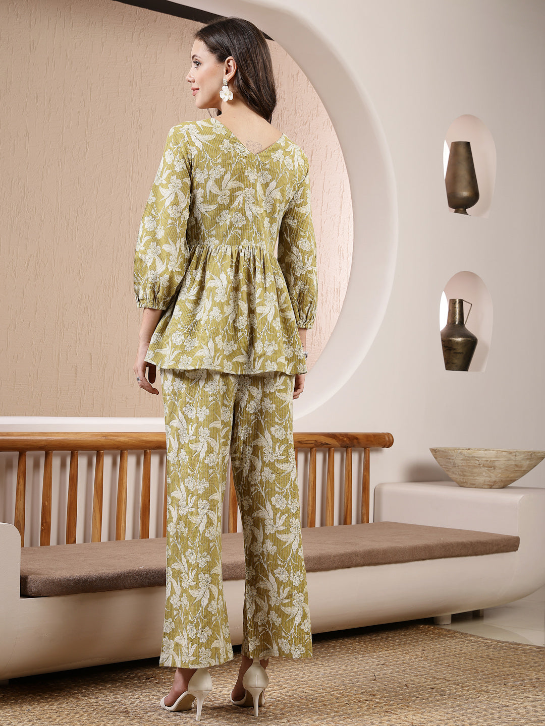 Green Floral Printed Cotton Kantha Fabric Co-Ord Set (Pre-Order)