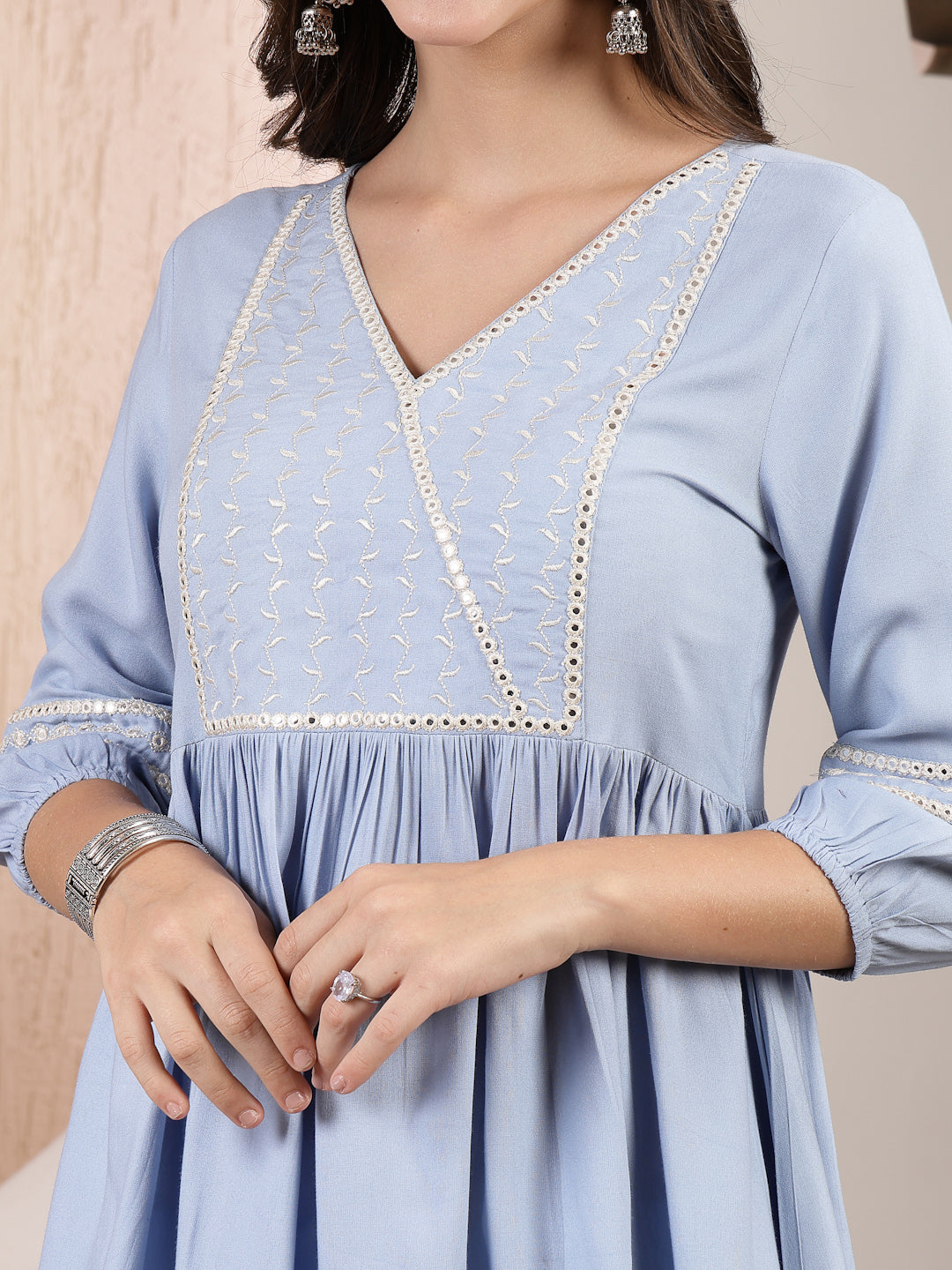 Blue Solid &amp; Embroidered Rayon Co-Ord Set