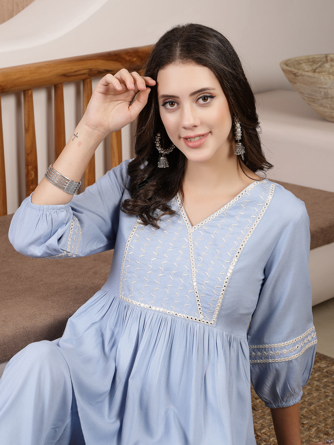 Blue Solid &amp; Embroidered Rayon Co-Ord Set