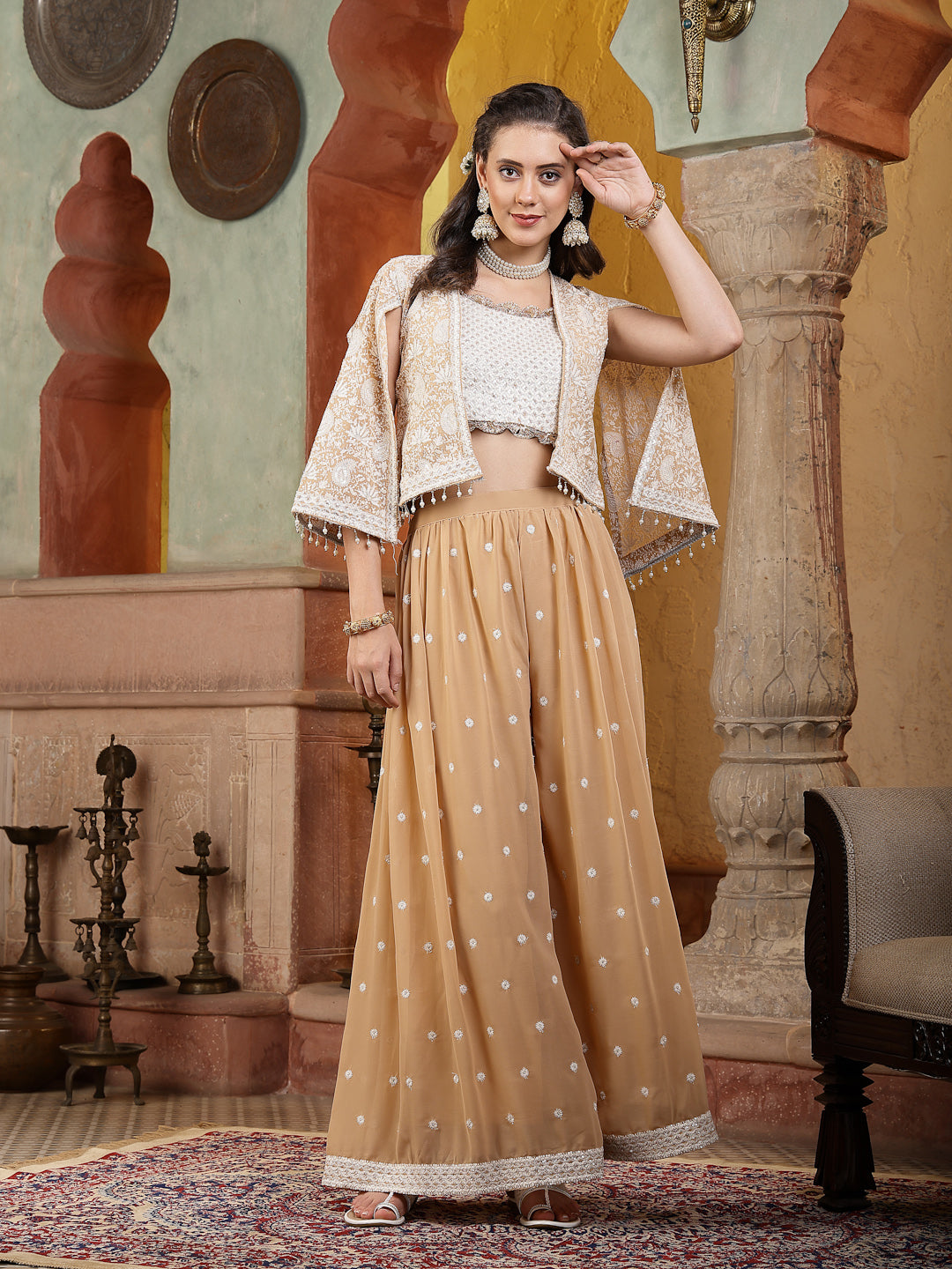 Beige Jacket Style Party Wear Georgette Crop Top Palazzo Dupatta Co-Ord Set