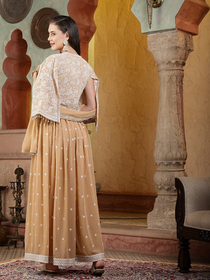 Beige Jacket Style Party Wear Georgette Crop Top Palazzo Dupatta Co-Ord Set (Pre-Order)