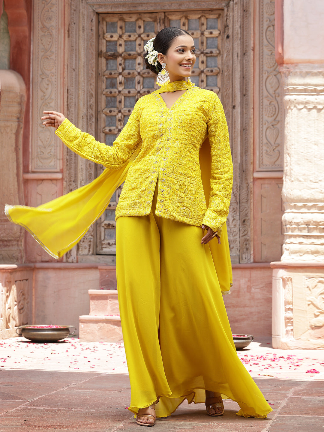 Yellow Haldi & Mehndi Special Georgette Top Palazzo Dupatta Co-Ord Set (Pre-Order)