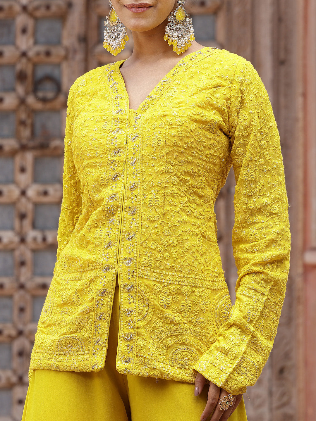 Yellow Haldi & Mehndi Special Georgette Top Palazzo Dupatta Co-Ord Set (Pre-Order)