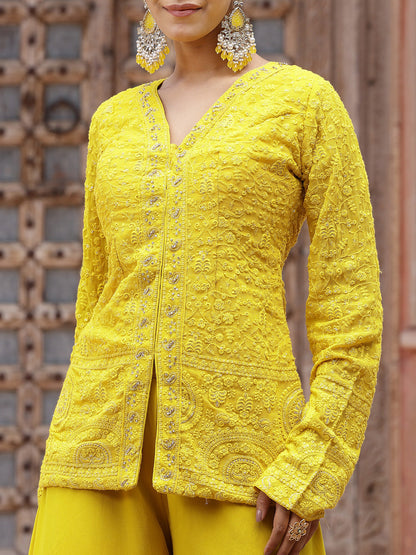 Yellow Haldi & Mehndi Special Georgette Top Palazzo Dupatta Co-Ord Set (Pre-Order)
