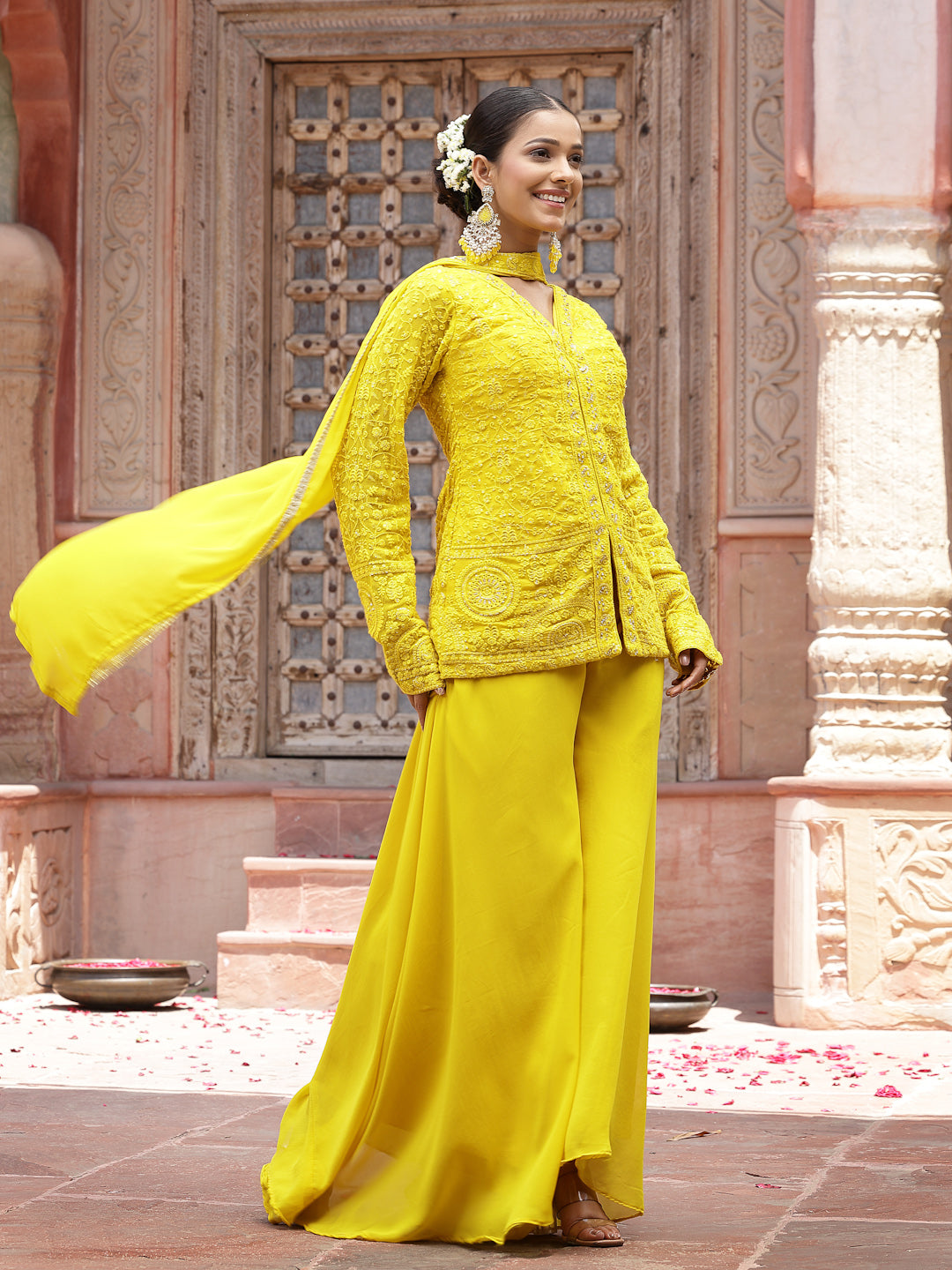 Yellow Haldi & Mehndi Special Georgette Top Palazzo Dupatta Co-Ord Set (Pre-Order)