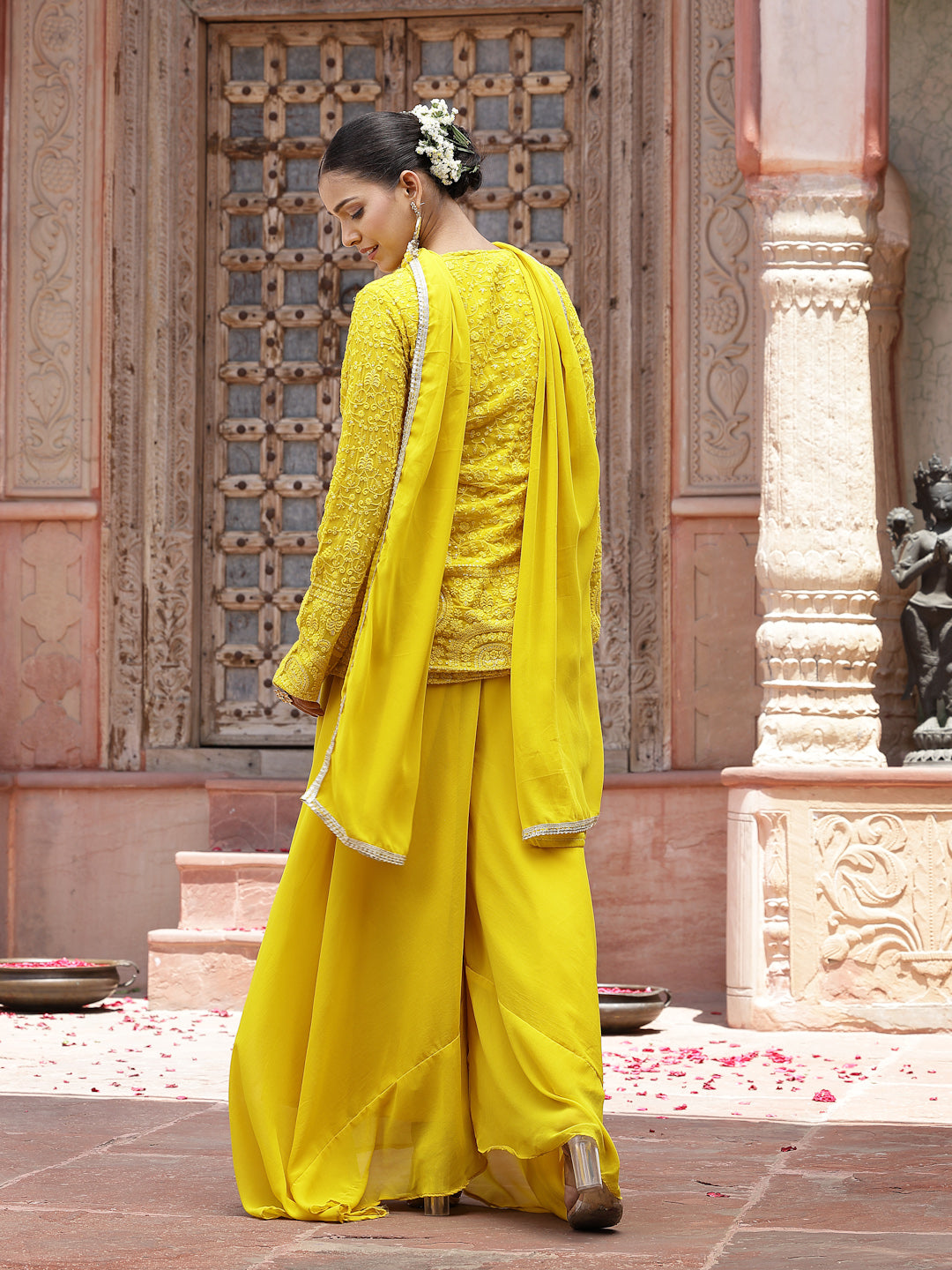 Yellow Haldi & Mehndi Special Georgette Top Palazzo Dupatta Co-Ord Set (Pre-Order)
